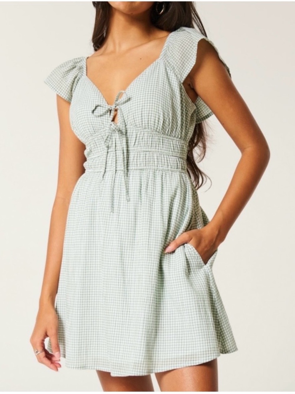 Hollister Light Green Gingham Tie-Front Mini Dress